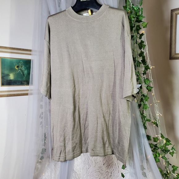 Pronto Uomo Xl Knit Shirt 100% Silk Green Short Sleeve Crew Neck Business Casual - Picture 1 of 3